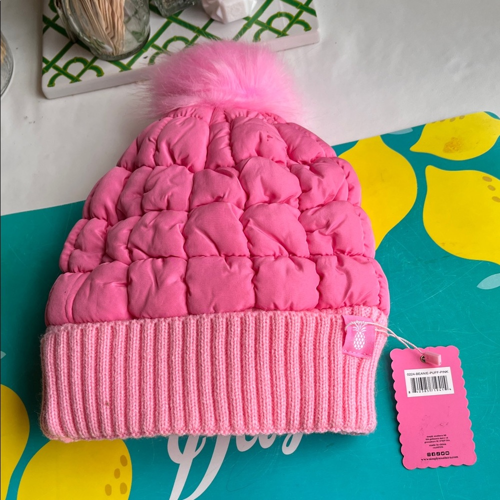 Pink Quilted Kids Beanie with Pom Pom